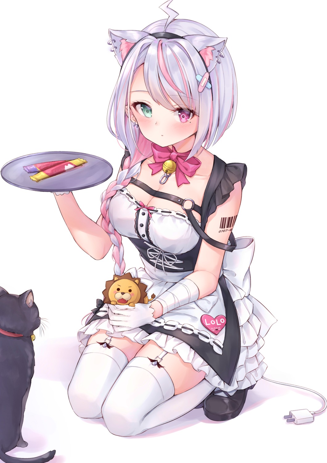 animal_ears, bandages, cleavage, heterochromia, maid, neko, nekomimi, poe_(528yuzunon), roro-chan, stockings, tail, tattoo, thighhighs