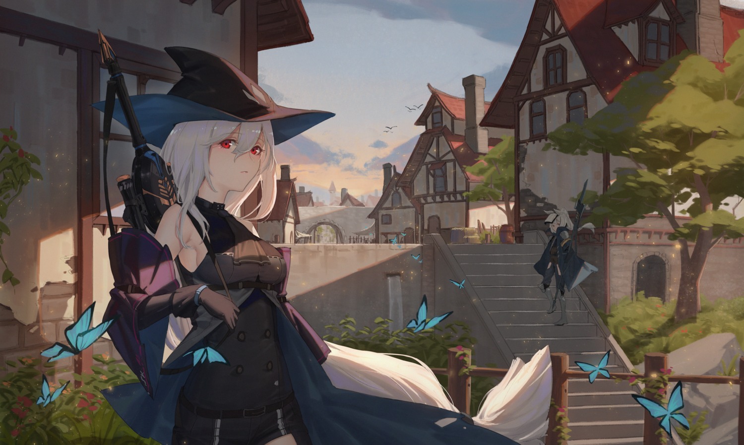 animal_ears, areaaaron, arknights, grani_(arknights), landscape, skadi_(arknights), sword, weapon