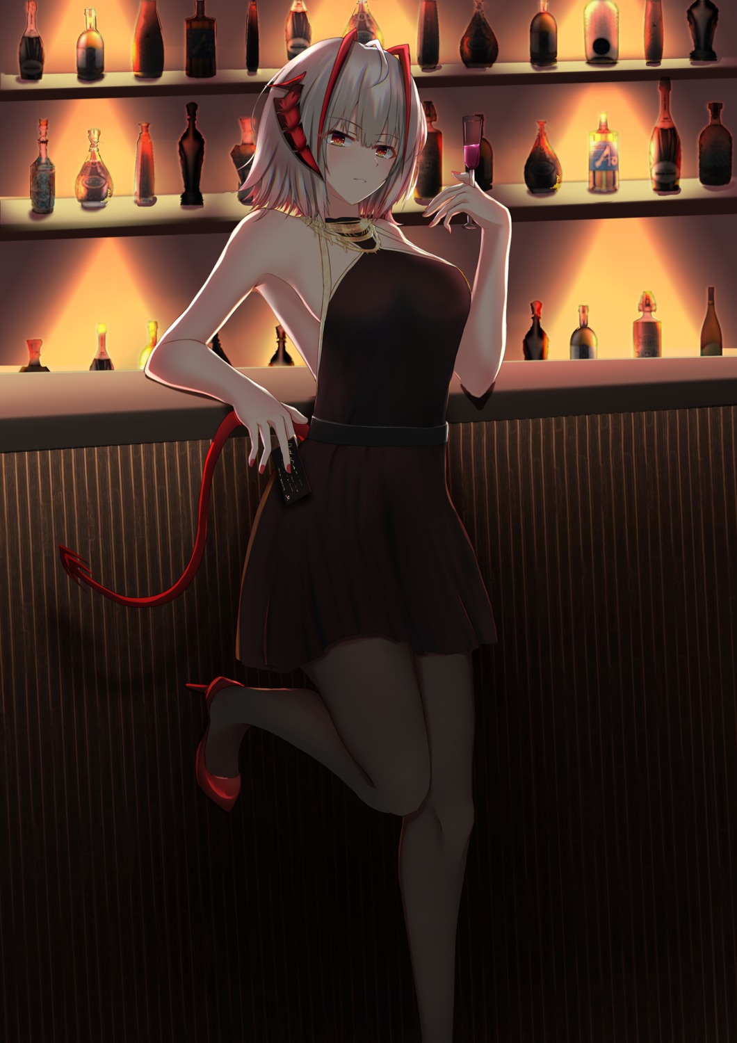arknights, calvaires, dress, heels, horns, no_bra, pantyhose, tail, w_(arknights)
