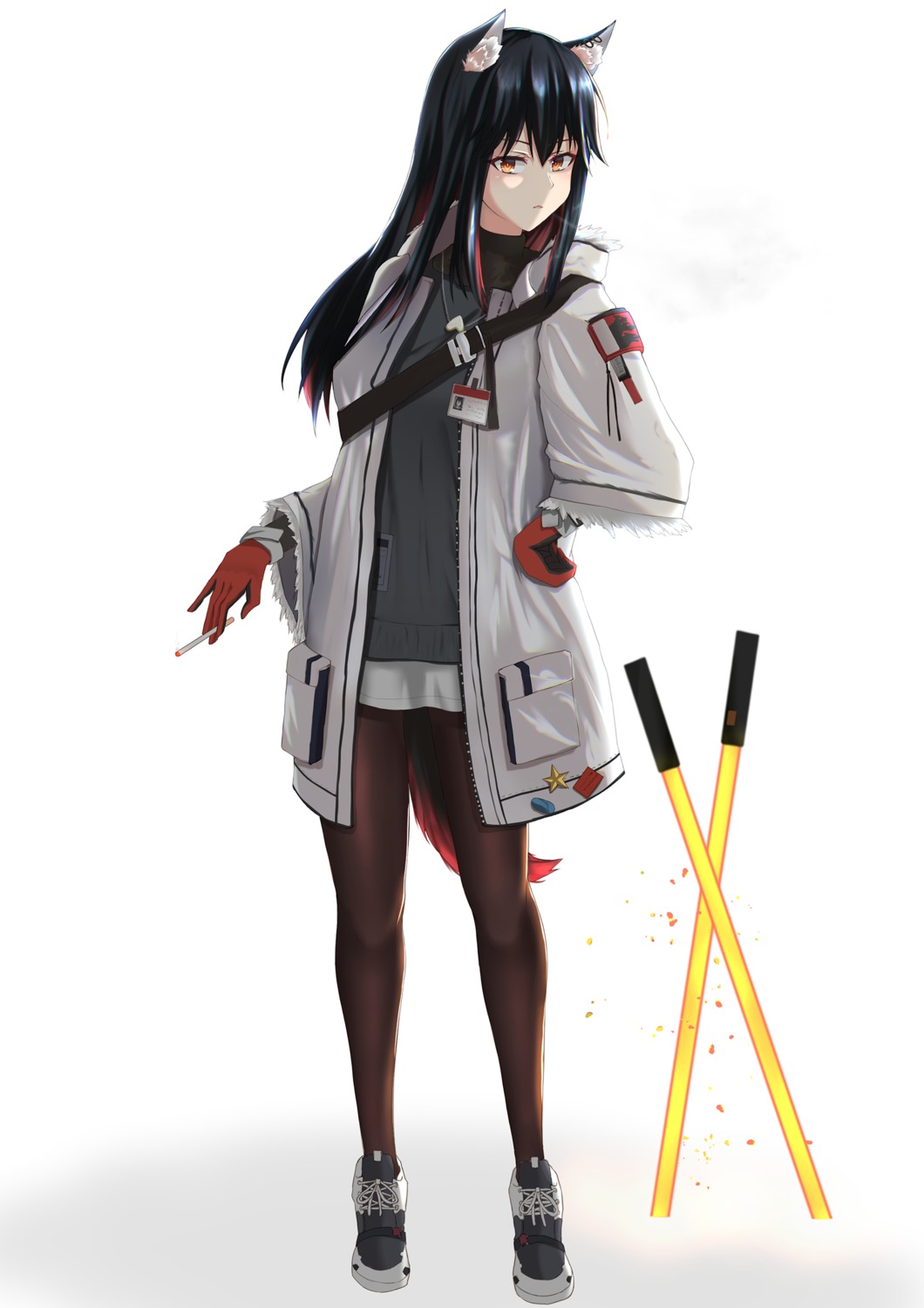 animal_ears, arknights, calvaires, pantyhose, smoking, sword, texas_(arknights)