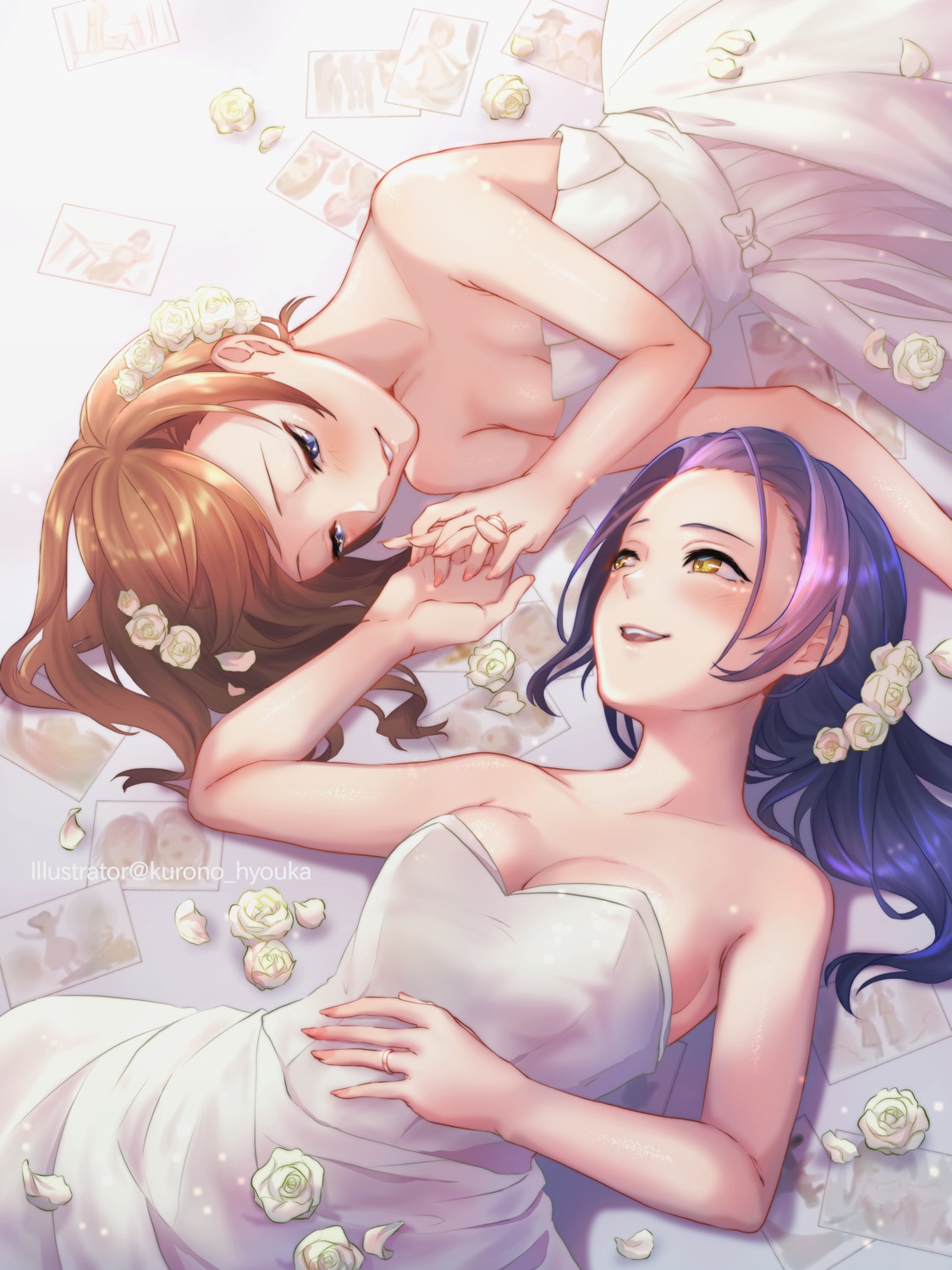 cleavage, dress, kurono_hyouka, no_bra, wedding_dress, yuri