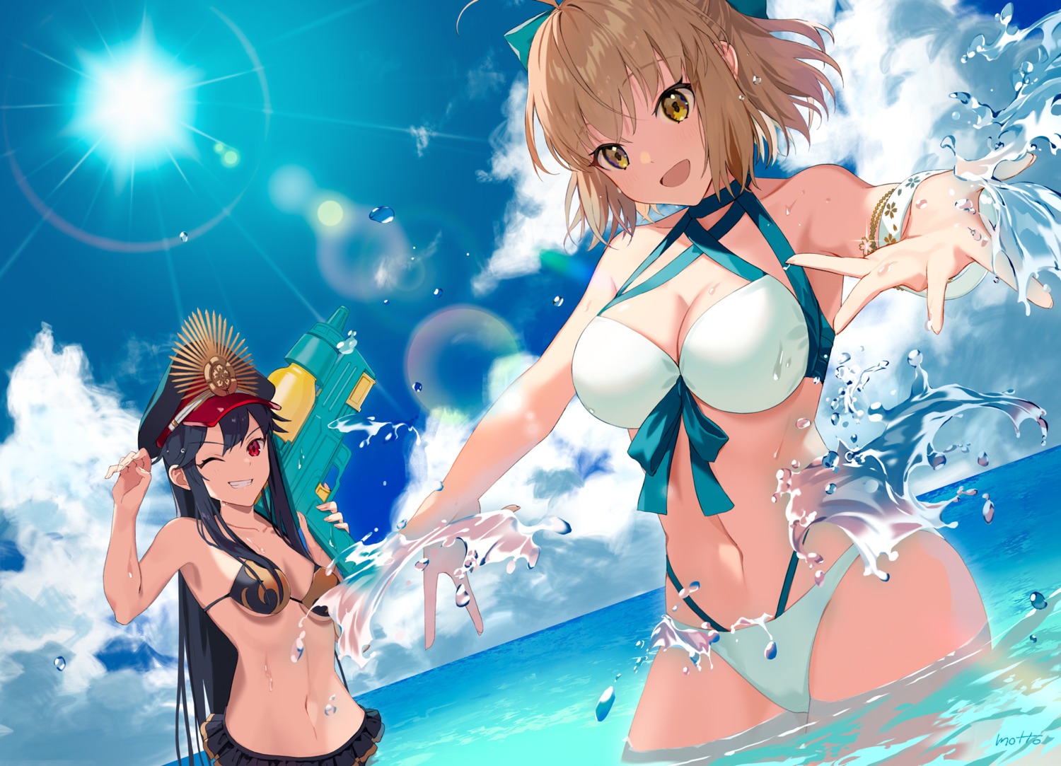 bikini, cleavage, fate/grand_order, gun, motto_(night_wear), oda_nobunaga_(fate), okita_souji_(fate), swimsuits, underboob, wet
