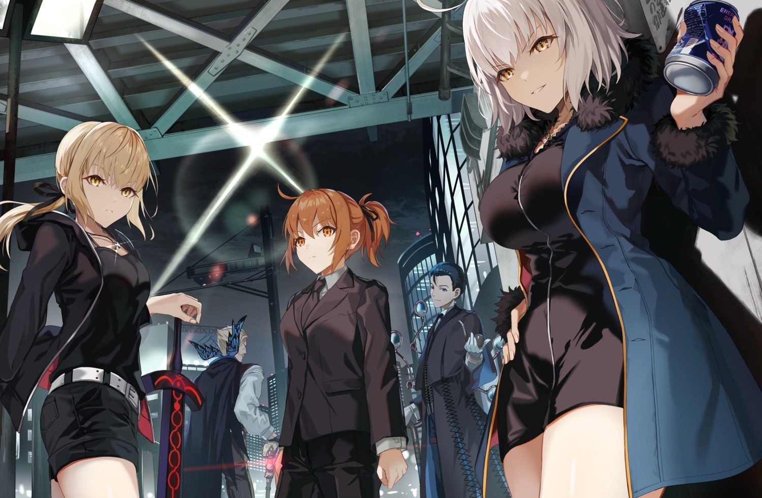 artoria_pendragon_(fate), artoria_pendragon_alter_(fate), business_suit, dress, fate/grand_order, fujimaru_ritsuka_(female), james_moriarty_(fate), jeanne_d'arc