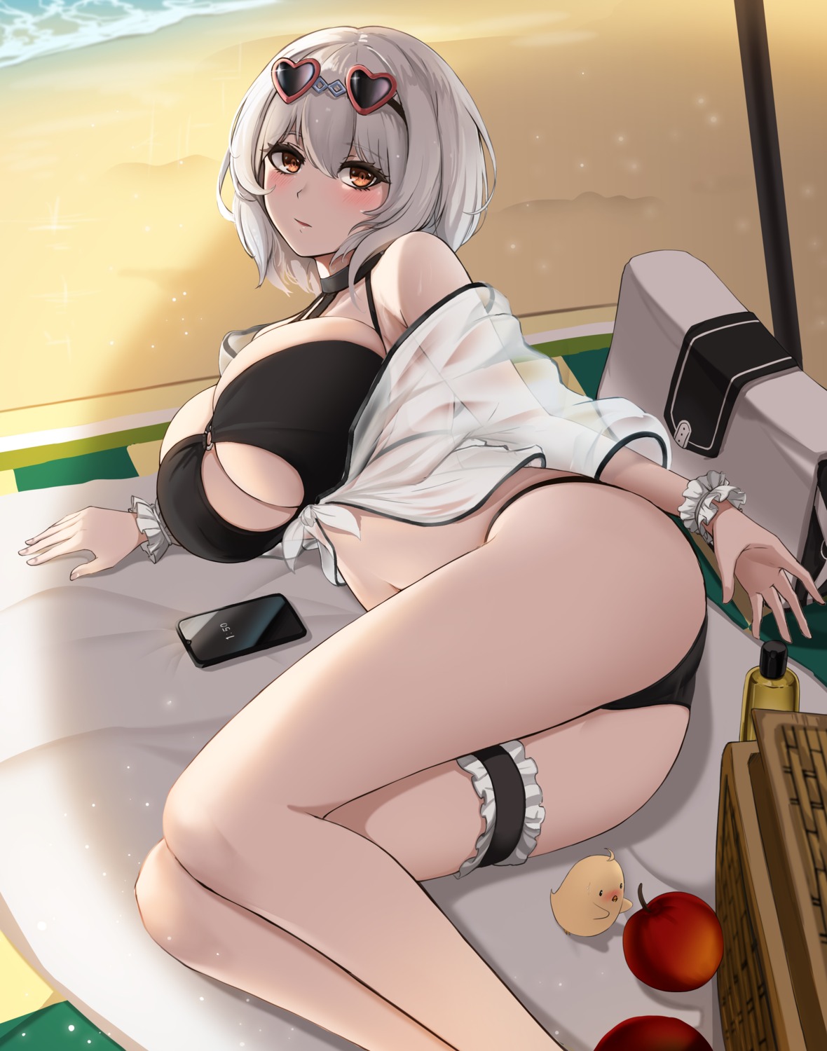 ass, azur_lane, bikini, garter, manjuu_(azur_lane), megane, mingakk, open_shirt