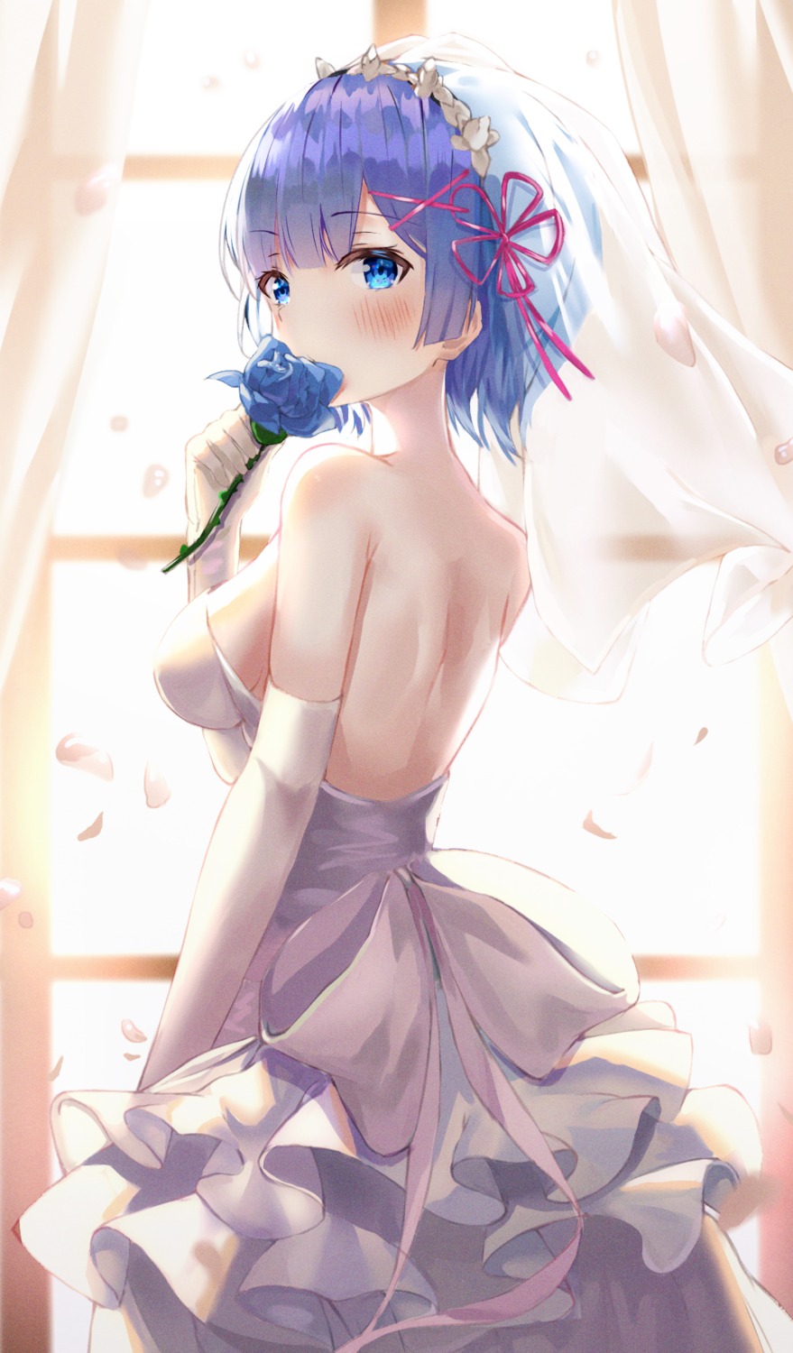 dress, lotpi, no_bra, re:zero_kara_hajimeru_isekai_seikatsu, rem_(re_zero), wedding_dress