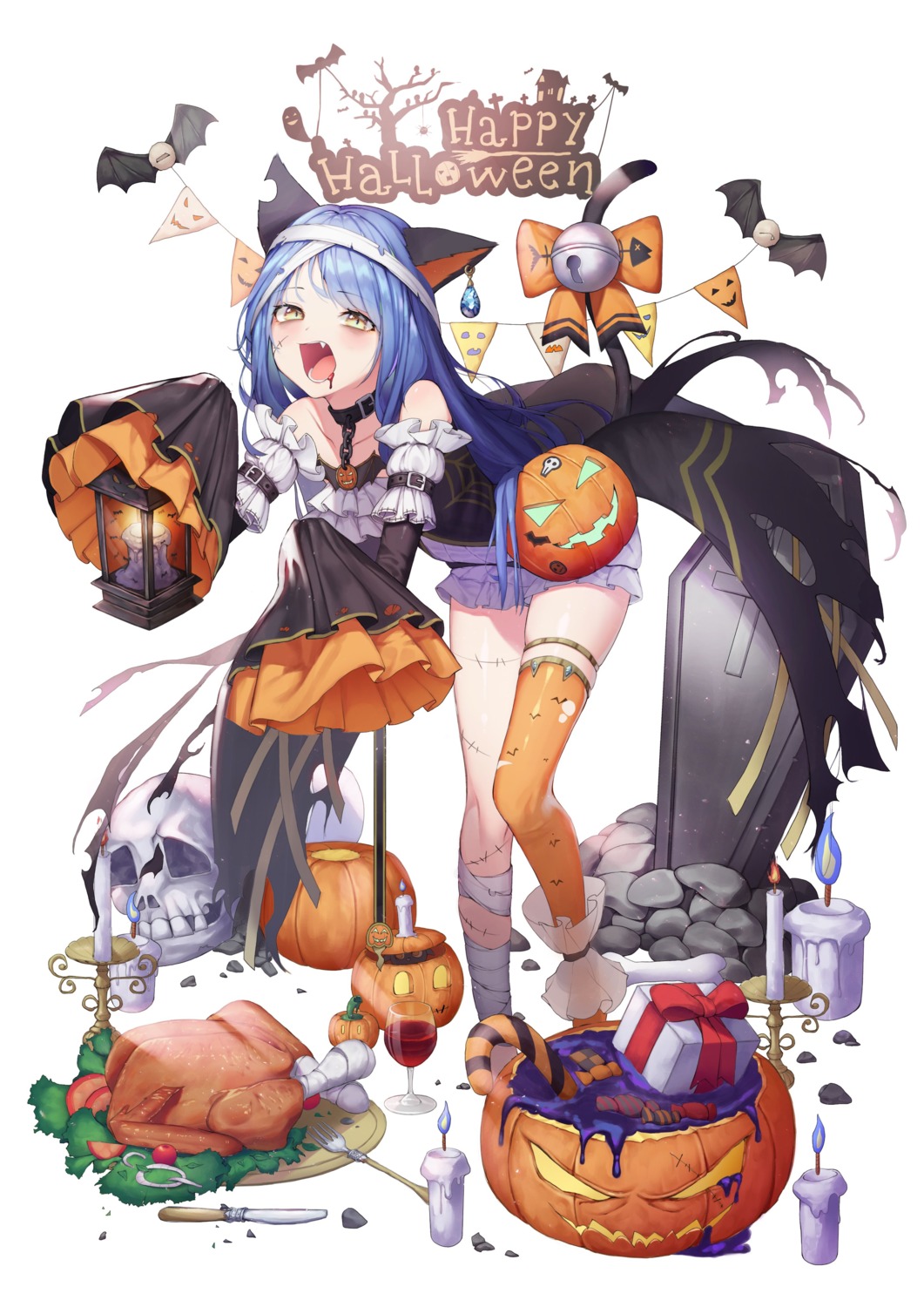 animal_ears, bandages, blood, dress, garter, goowonjoon, halloween, nekomimi