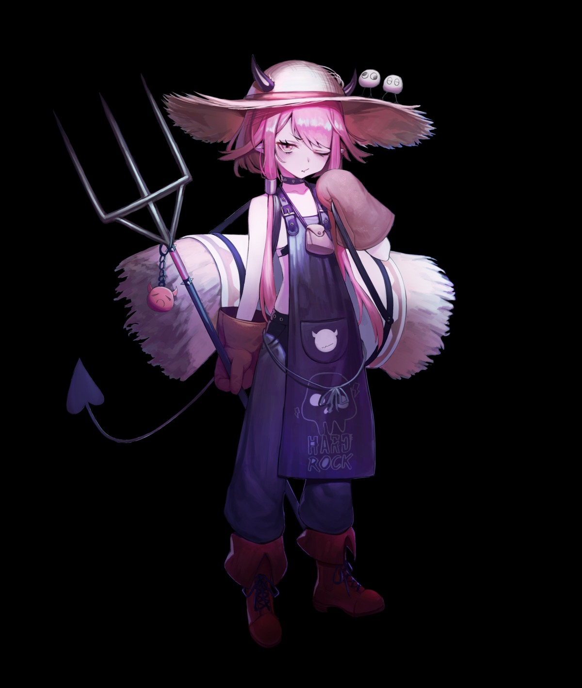 goowonjoon, horns, overalls, pointy_ears, weapon