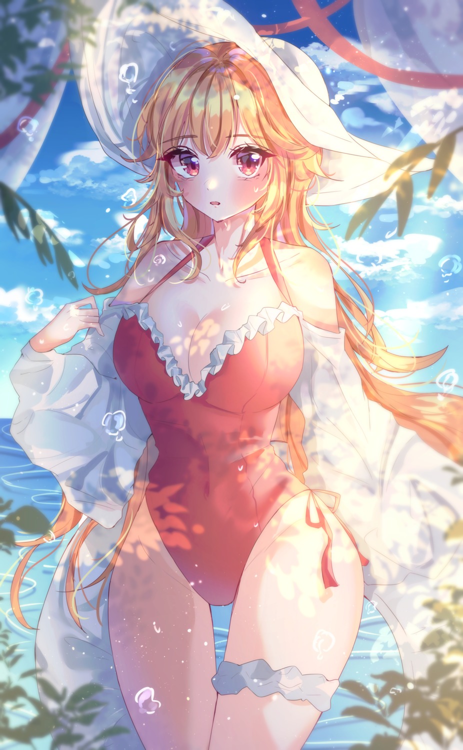 azur_lane, cleavage, garter, richelieu_(azur_lane), swimsuits, wine_(2148_wine)