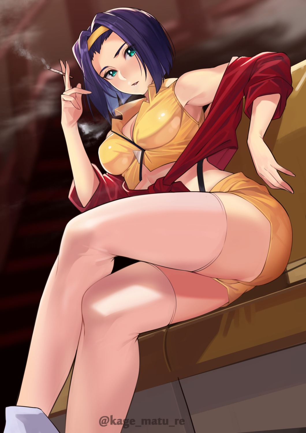 cleavage, cowboy_bebop, faye_valentine, kagematsuri, no_bra, open_shirt, smoking, thighhighs