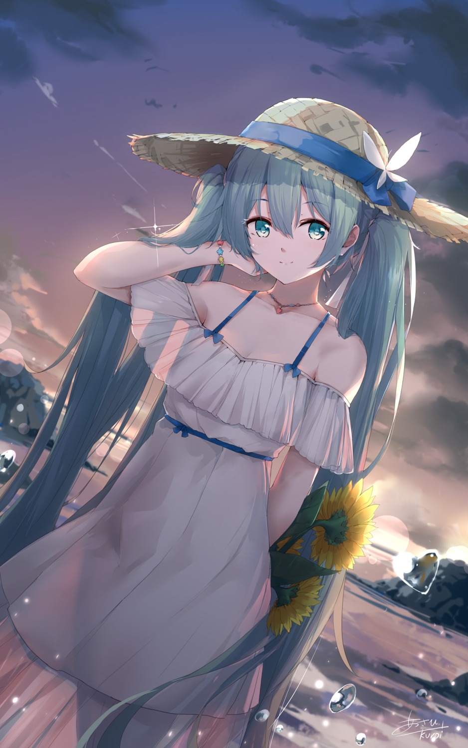 asahi_kuroi, cleavage, dress, hatsune_miku, see_through, summer_dress, vocaloid