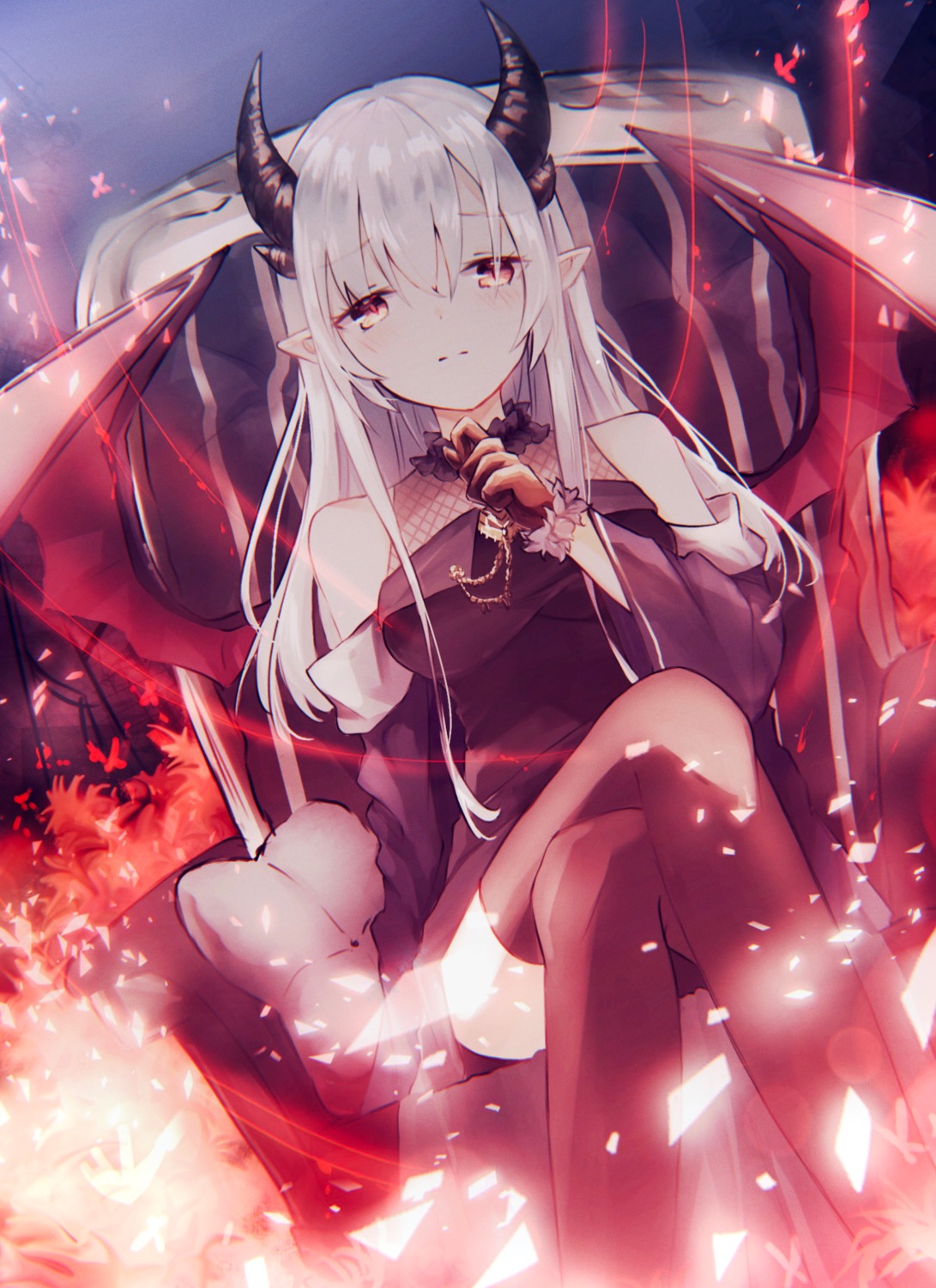 devil, fishnets, horns, miyu_(miy_u1308), pointy_ears, skirt_lift, thighhighs, wings