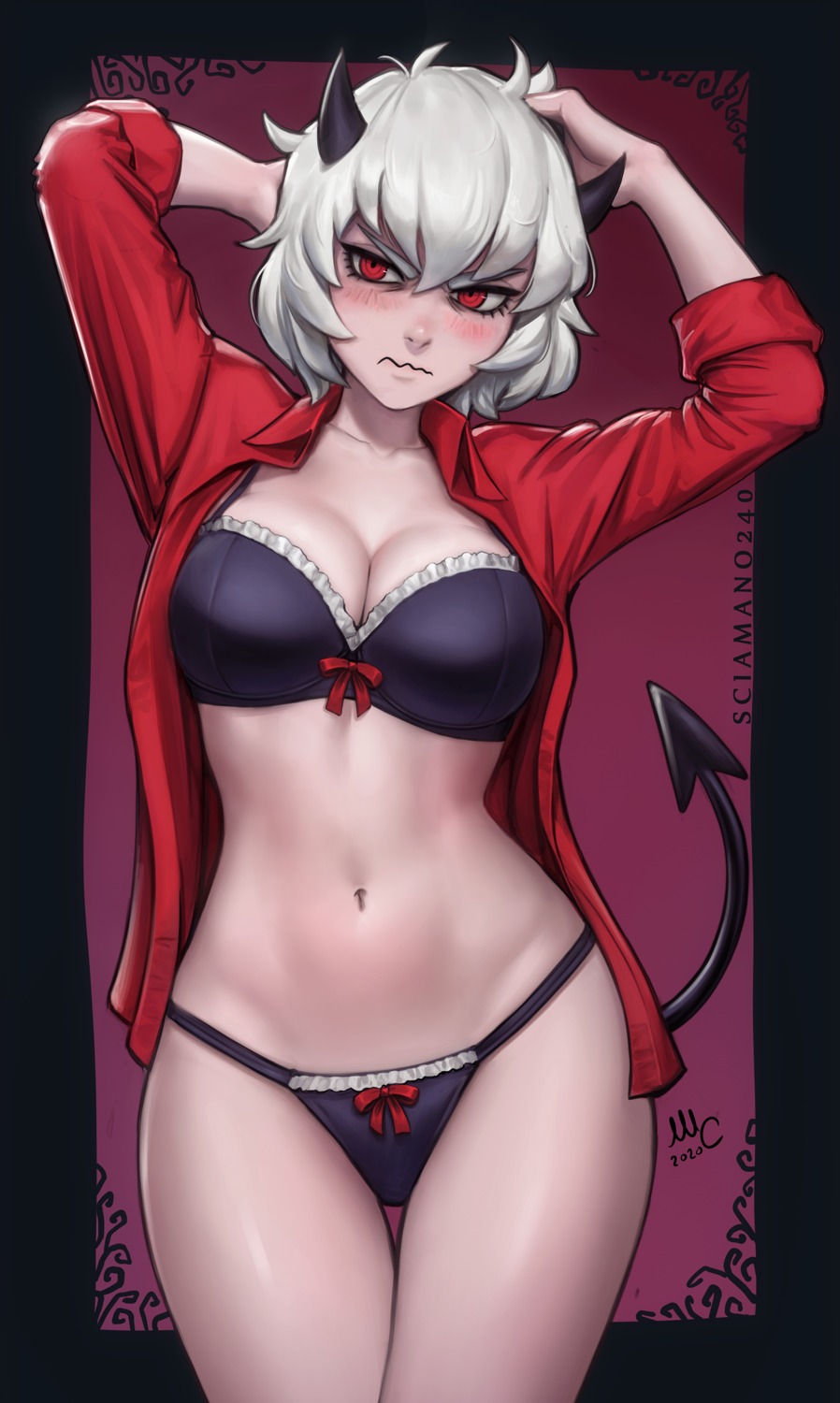 bra, cleavage, devil, dress_shirt, helltaker, horns, malina_(helltaker), mirco_cabbia, open_shirt, pantsu, tail