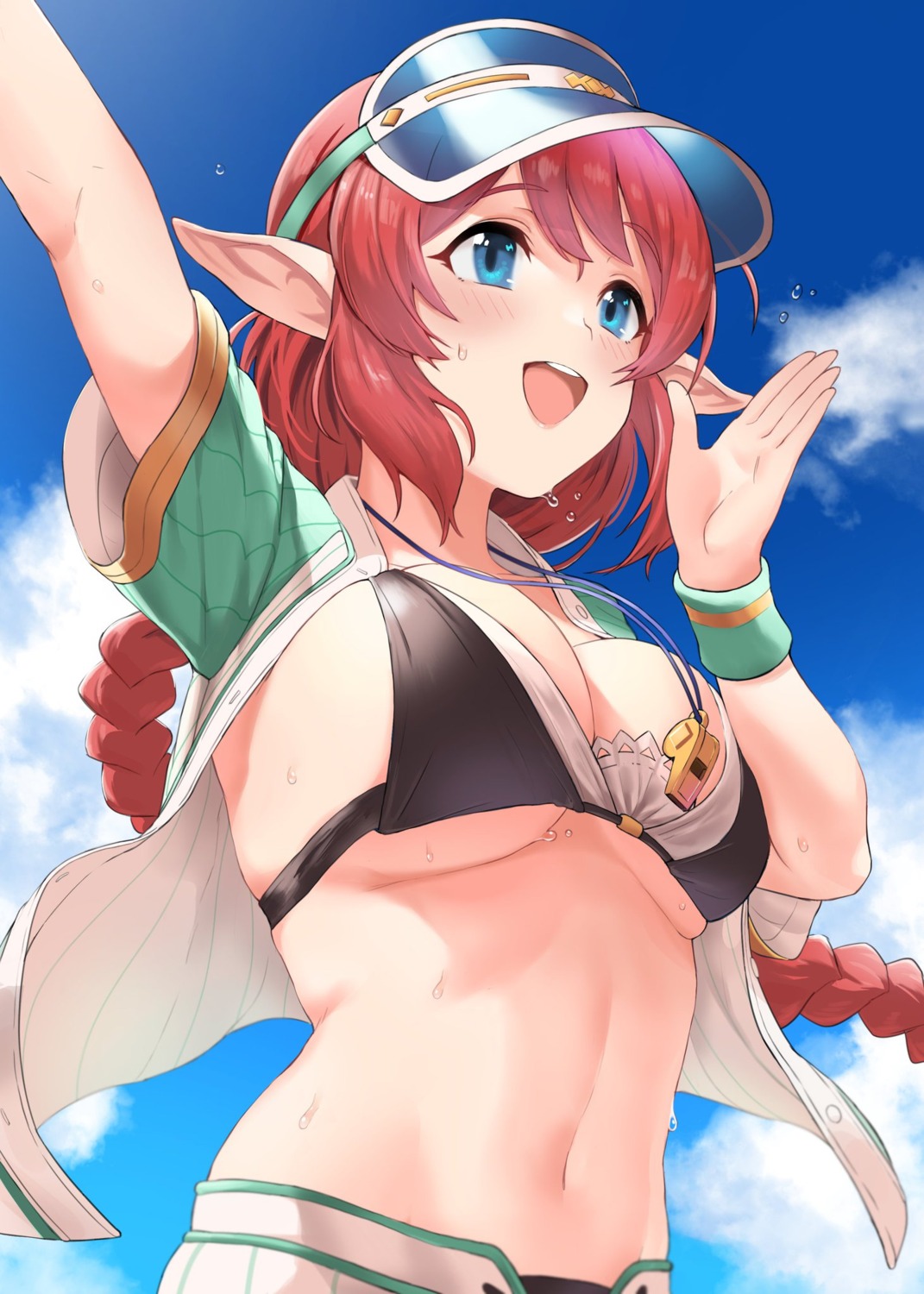 aikawa_misato, bikini, chagama_teishoku, open_shirt, pointy_ears, princess_connect!, princess_connect!_re:dive, swimsuits