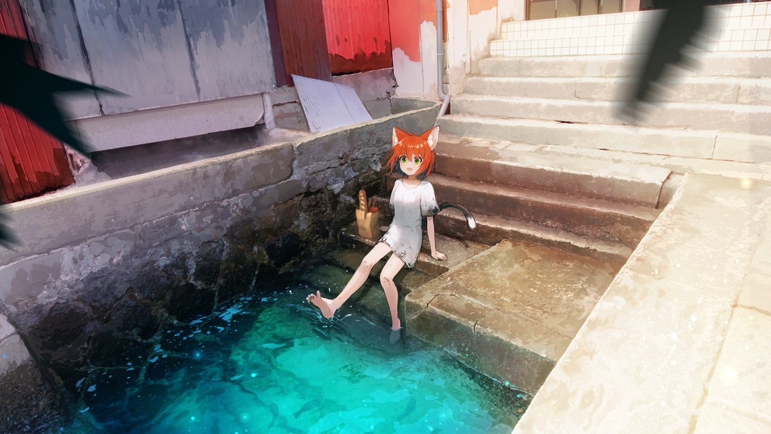 animal_ears, kareido_(kaleidoscope), nekomimi, tail, torn_clothes, wet