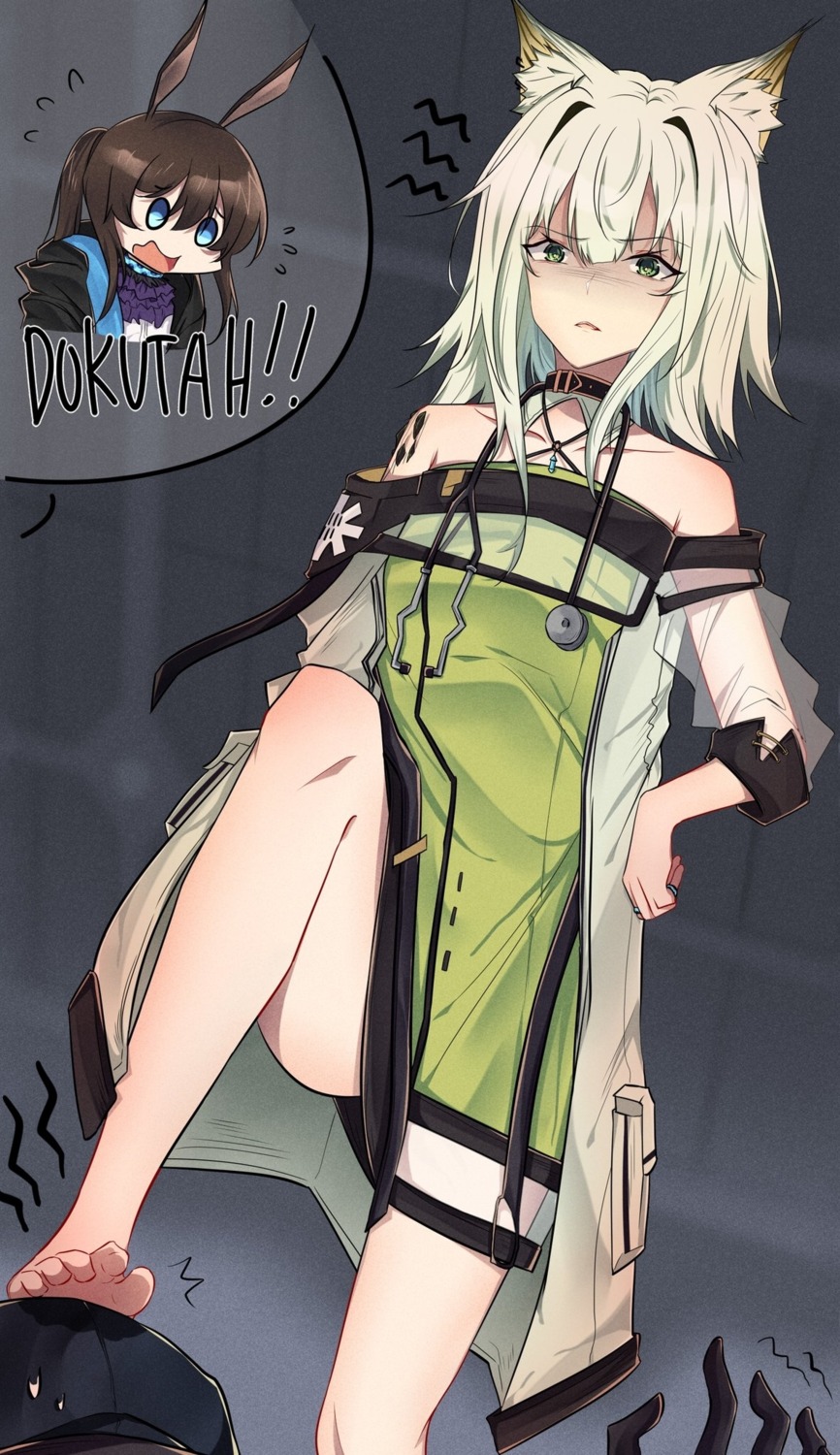 amiya_(arknights), animal_ears, arknights, bunny_ears, kal'tsit_(arknights), pokarii_zuu, see_through, skirt_lift