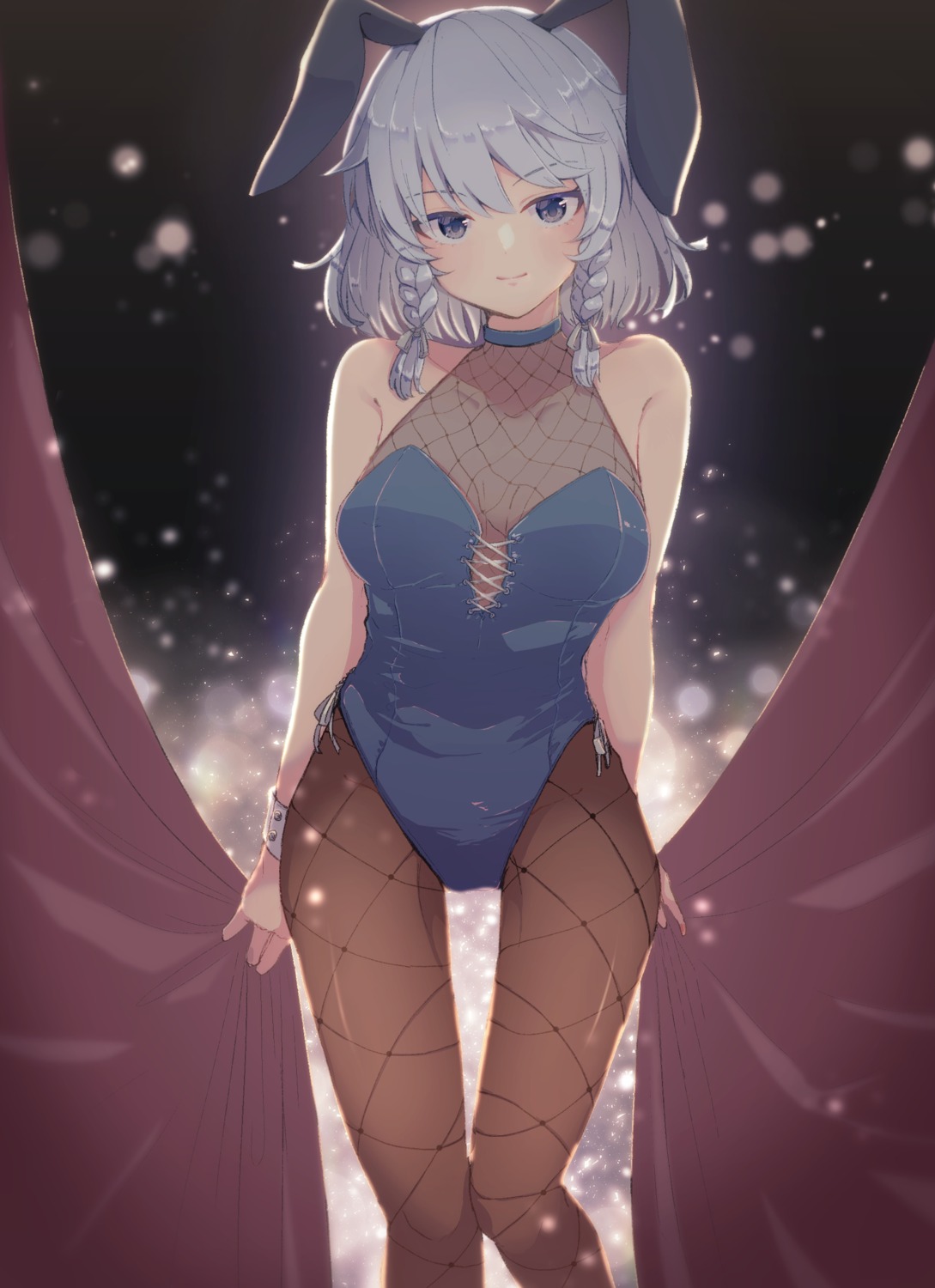 animal_ears, aoi_(annbi), bunny_ears, bunny_girl, fishnets, izayoi_sakuya, no_bra, pantyhose