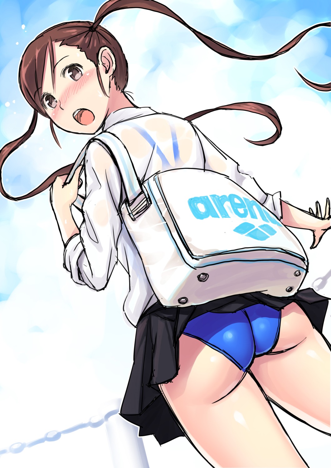 ass, kuri_(kurigohan), see_through, seifuku, skirt_lift, swimsuits, wardrobe_malfunction, wet_clothes
