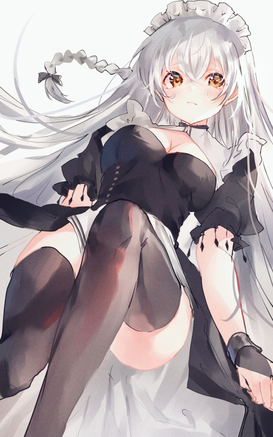 azur_lane, cleavage, hermione_(azur_lane), irohatomo, maid, sketch, skirt_lift, thighhighs
