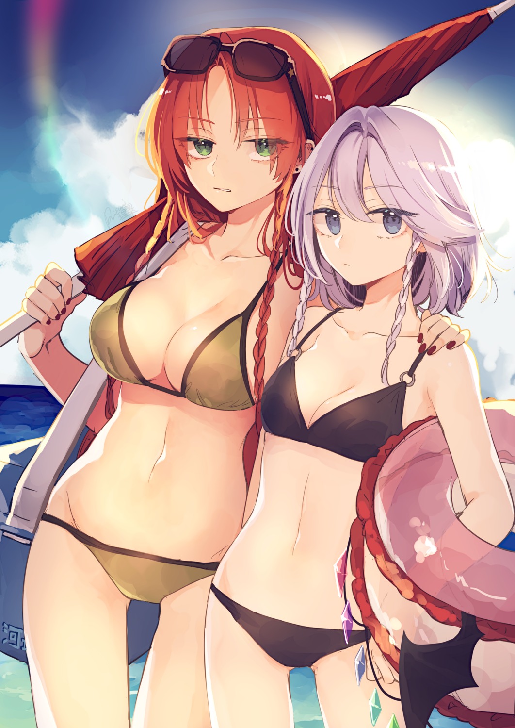 bikini, hong_meiling, izayoi_sakuya, megane, risui, swimsuits, touhou