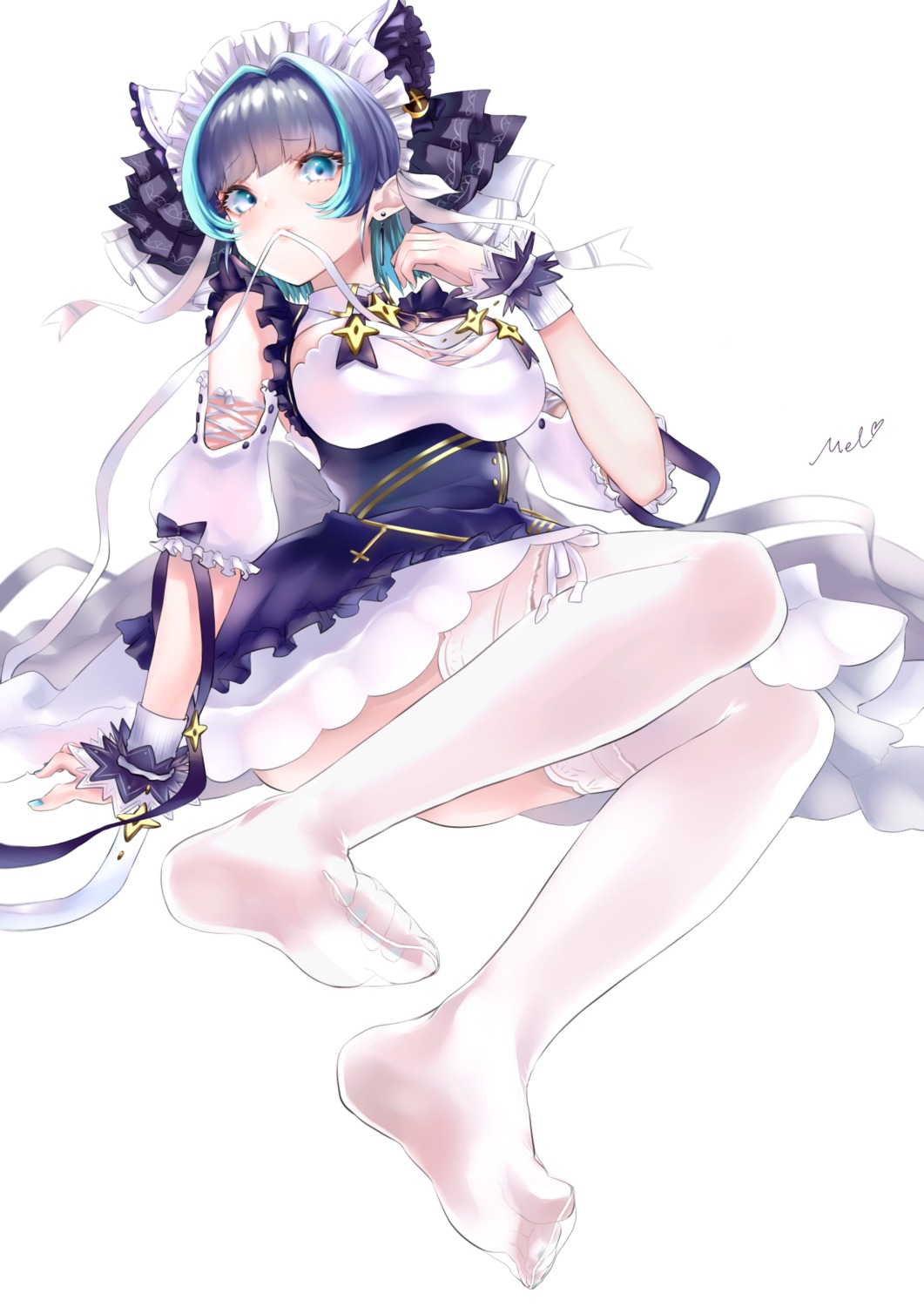 azur_lane, cheshire_(azur_lane), feet, lamunem, maid, skirt_lift, thighhighs