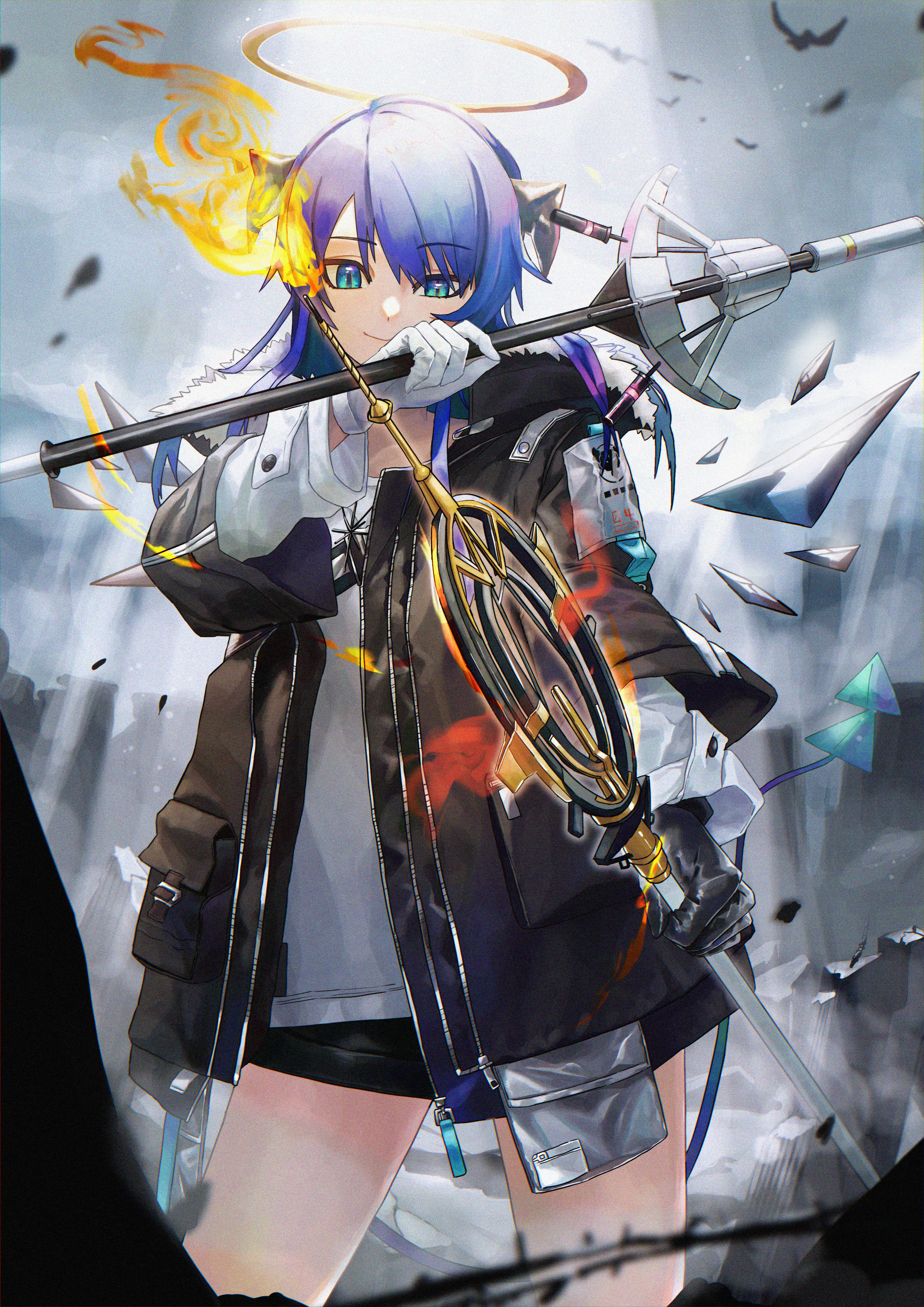 angel, arknights, horns, monge_baby, mostima_(arknights), tail, weapon, wings