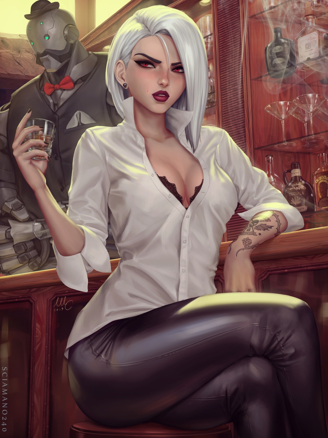 ashe_(overwatch), bra, cleavage, dress_shirt, mirco_cabbia, open_shirt, overwatch, tattoo