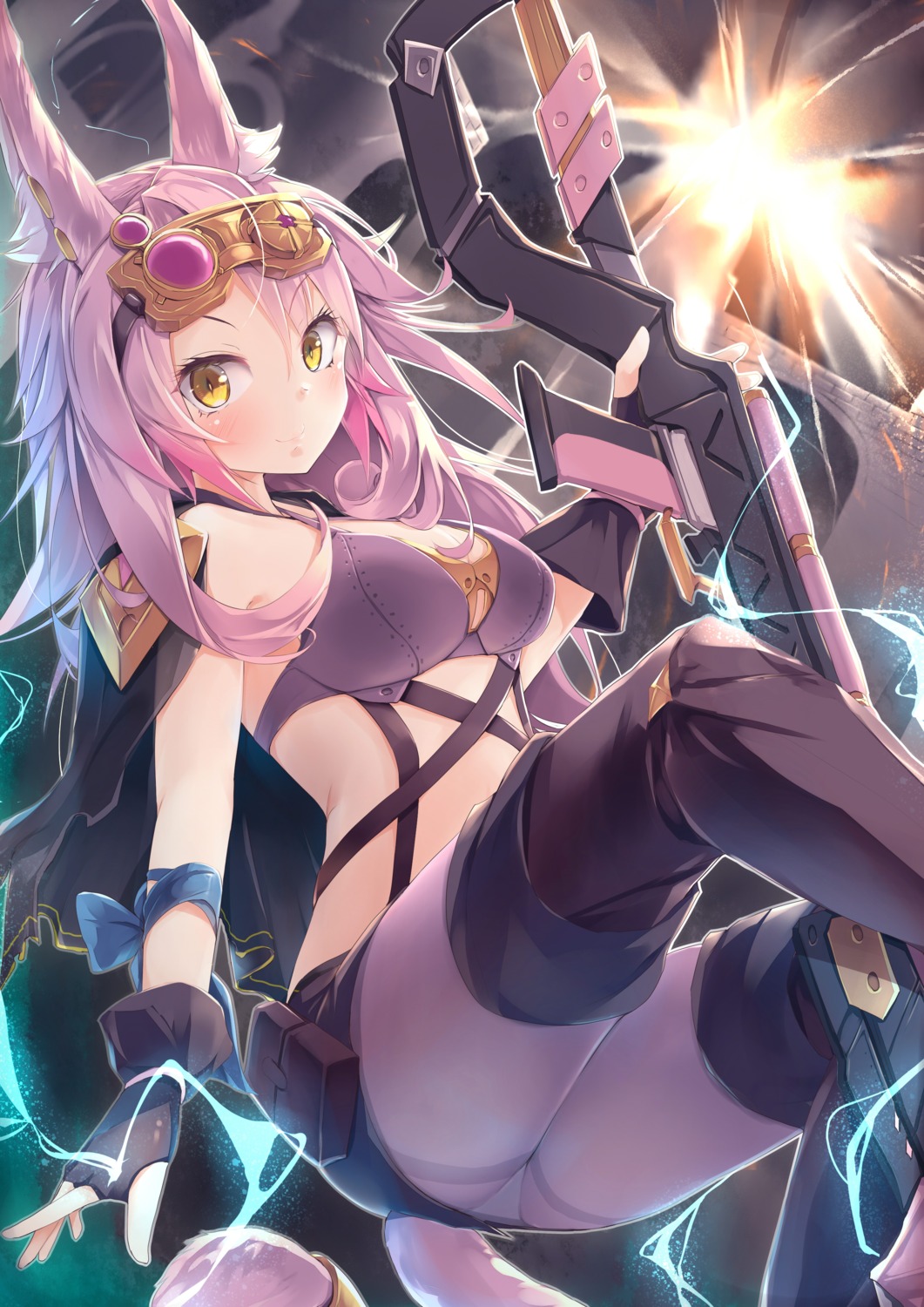 animal_ears, bra, gun, kanzakietc, pantsu, pantyhose, tail, thighhighs