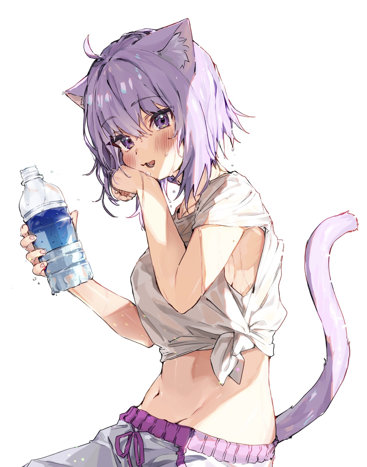 animal_ears, hololive, hololive_gamers, idenshi_kumikae_(kabe_choron), nekomata_okayu, nekomimi, see_through, shirt_lift, tail, wet, wet_clothes