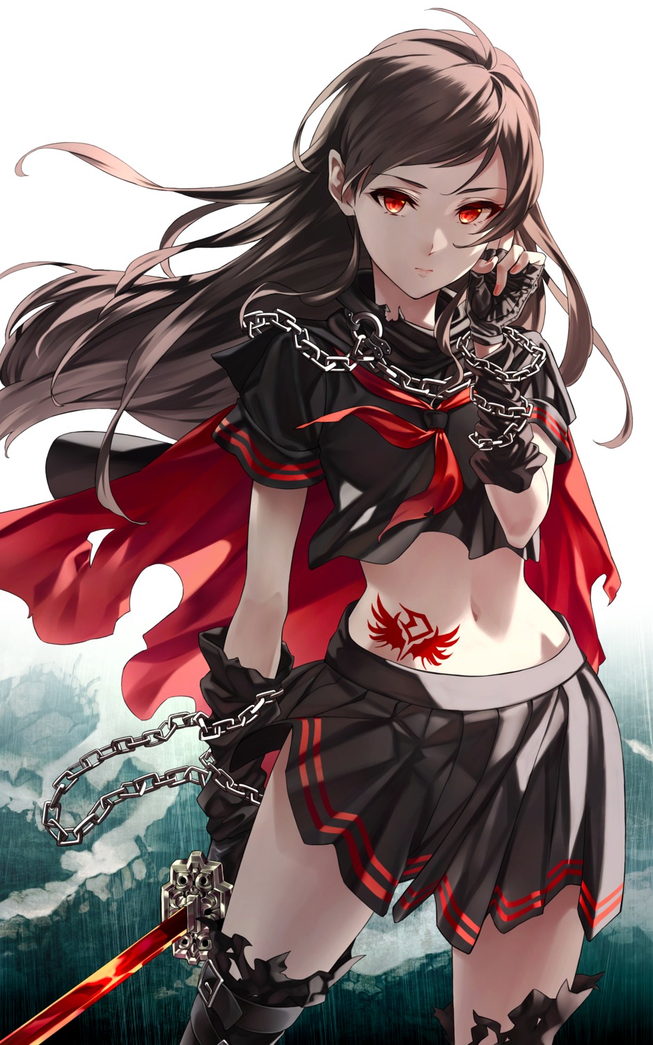garter, kitazawa_shiho, motoki_(hisano_motoki), skirt_lift, sword, tattoo, the_idolm@ster, the_idolm@ster_million_live!, thighhighs, torn_clothes