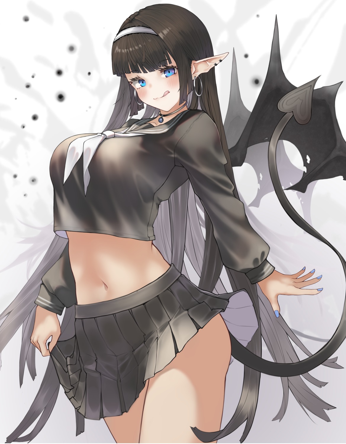 kesuno, pointy_ears, seifuku, skirt_lift, tail, wings