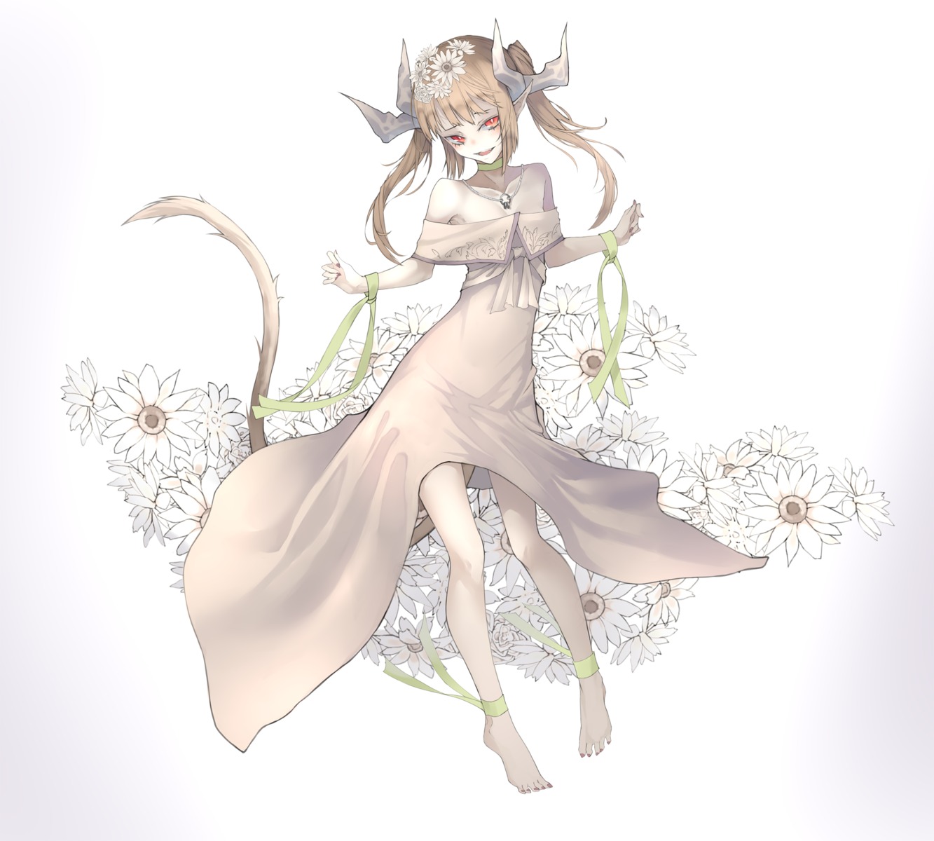 dress, feet, horns, kesuno, no_bra, pointy_ears, tail