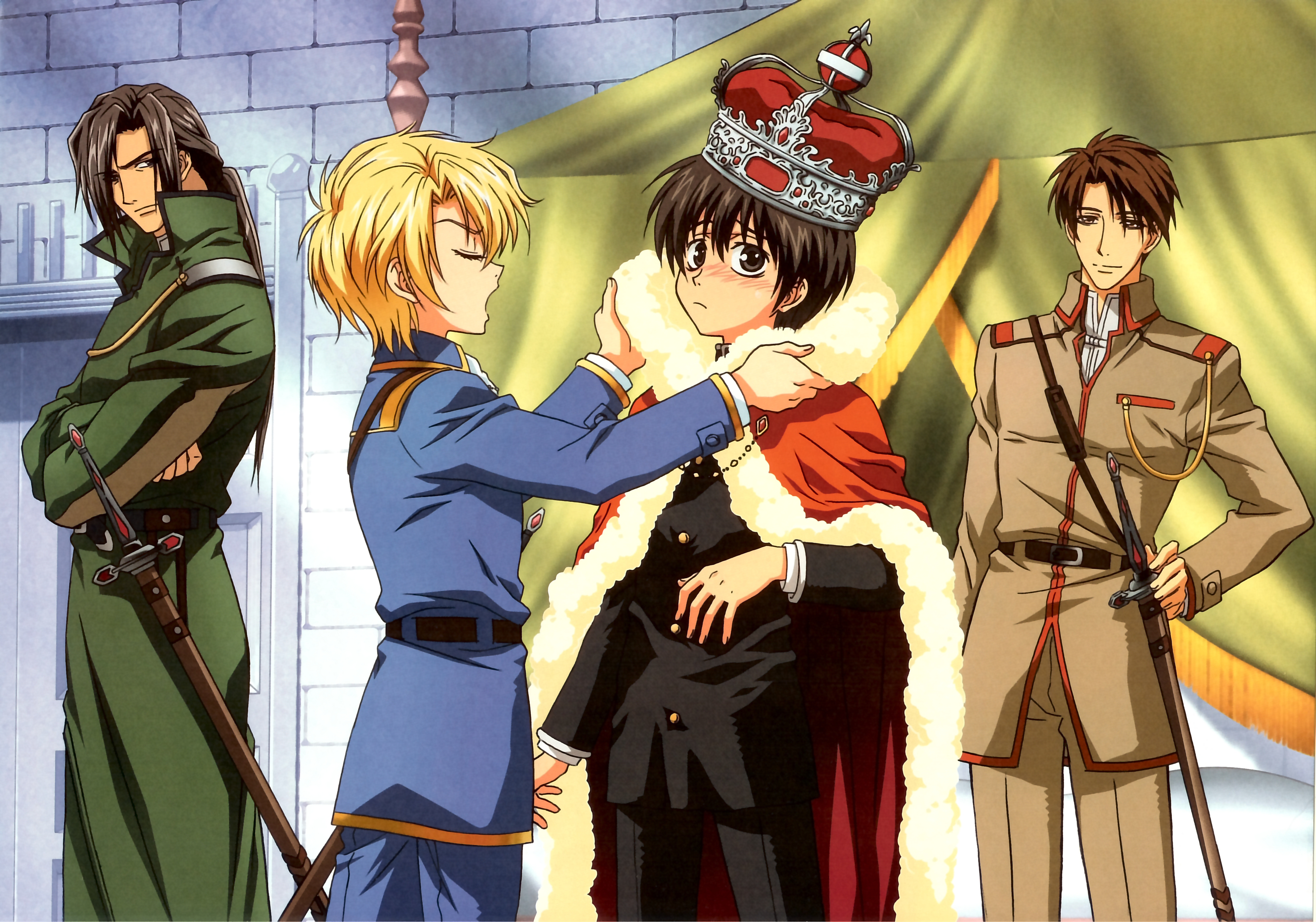 conrart_weller, gwendal_von_voltaire, kyou_kara_maou, male, overfiltered, shibuya_yuuri, sword, wolfram_von_bielefeld