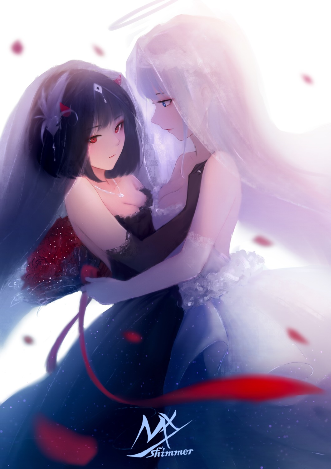 cleavage, dress, horns, no_bra, shimmer, symmetrical_docking, wedding_dress, yuri