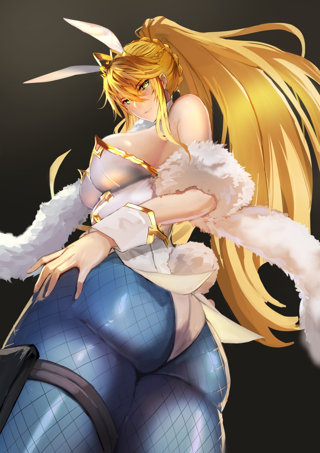 animal_ears, artoria_pendragon_(fate), ass, bunny_ears, bunny_girl, fate/grand_order, fishnets, garter, jikihatiman, no_bra, pantyhose, tail