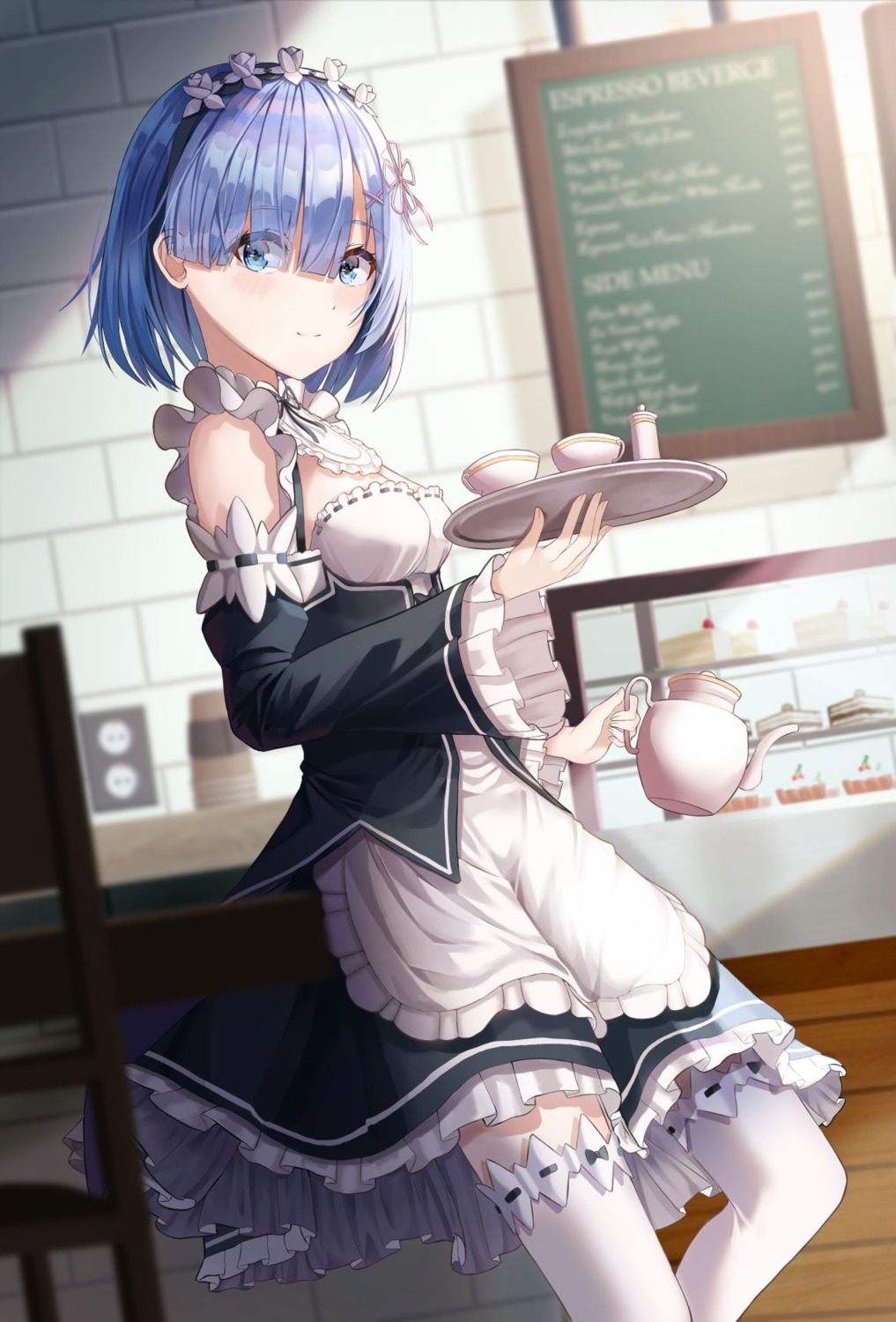 cleavage, maid, pal_lett, re:zero_kara_hajimeru_isekai_seikatsu, rem_(re_zero), skirt_lift, thighhighs