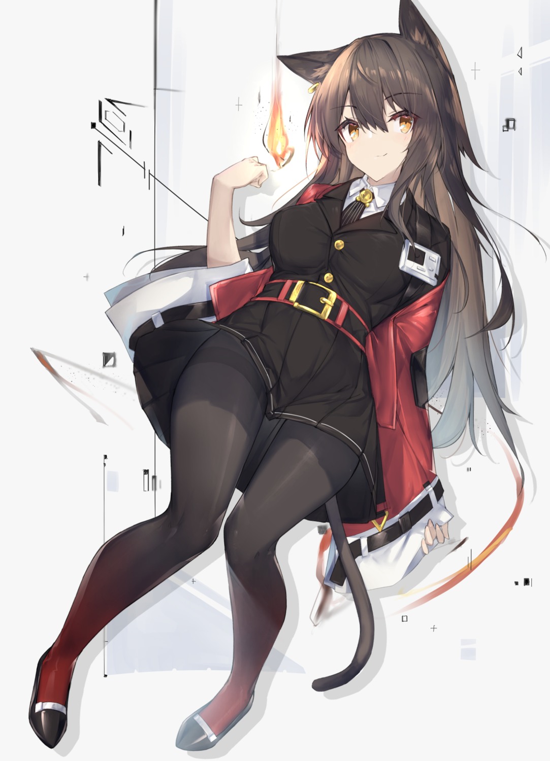 animal_ears, arknights, nekomimi, pantyhose, skirt_lift, skyfire_(arknights), tail, uniform