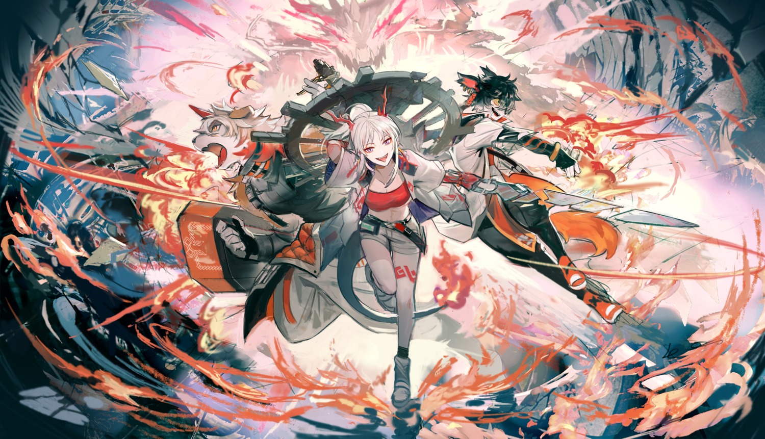 animal_ears, arknights, bra, horns, kupikuuu, nian_(arknights), open_shirt, tail, tattoo, weapon