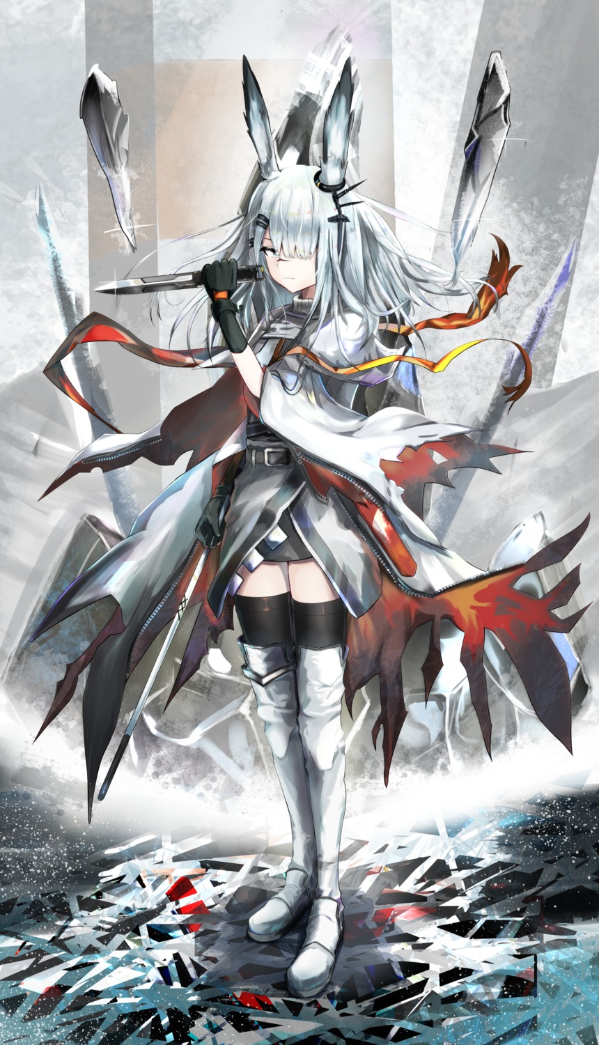 animal_ears, arknights, bunny_ears, depayama_(depaty), frostnova_(arknights), thighhighs, weapon