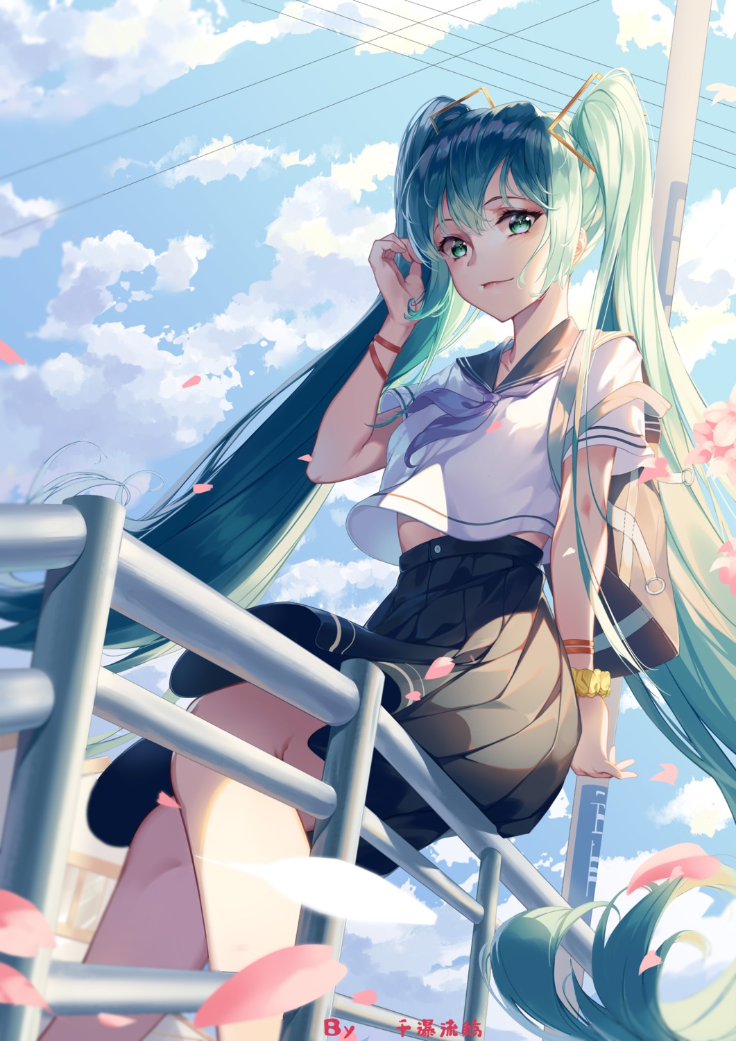hatsune_miku, qian_pu_liu_shang, seifuku, skirt_lift, vocaloid