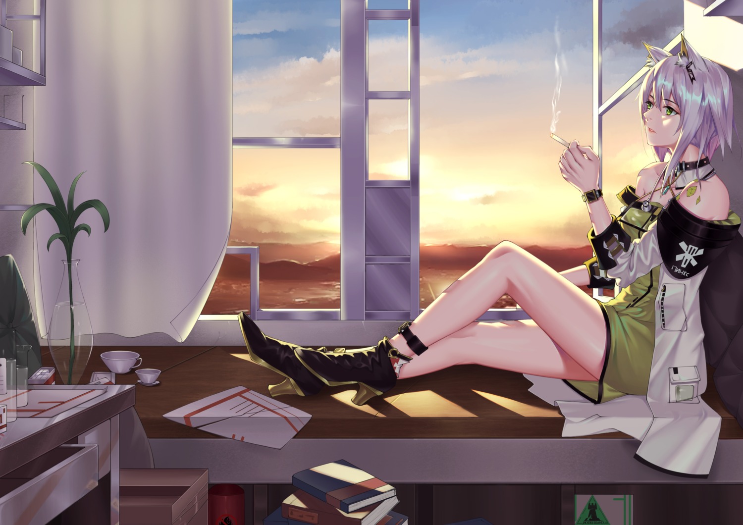 animal_ears, arknights, dress, heels, kal'tsit_(arknights), nekomimi, qian_pu_liu_shang, skirt_lift
