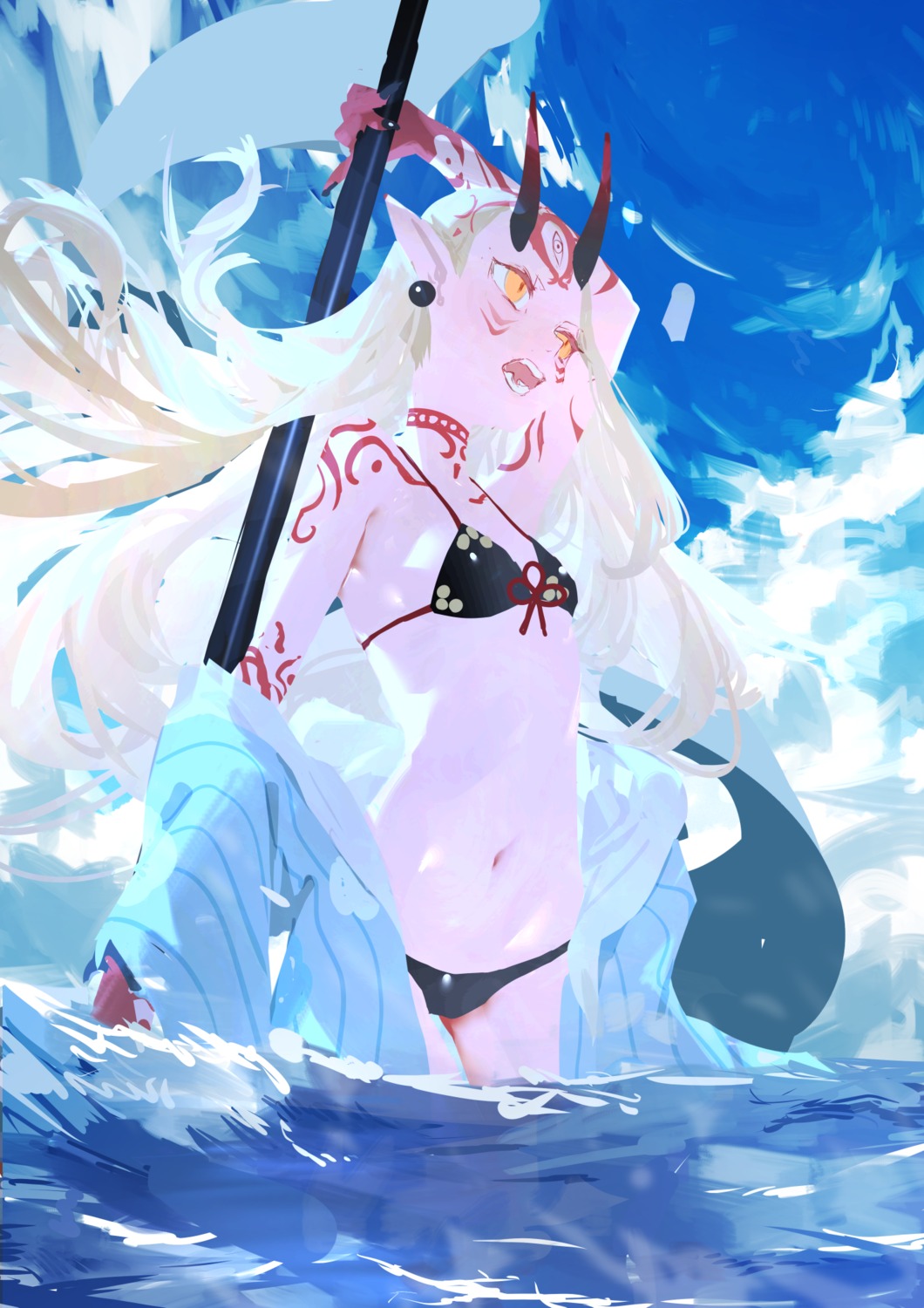 bikini, fate/grand_order, horns, ibaraki_douji_(fate), kuronoiparoma, pointy_ears, swimsuits, tattoo, wet