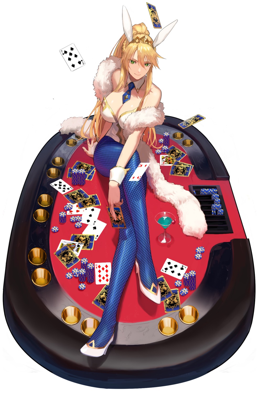 animal_ears, artoria_pendragon_(fate), bunny_ears, bunny_girl, fate/grand_order, fishnets, heels, no_bra, pantyhose, zonotaida