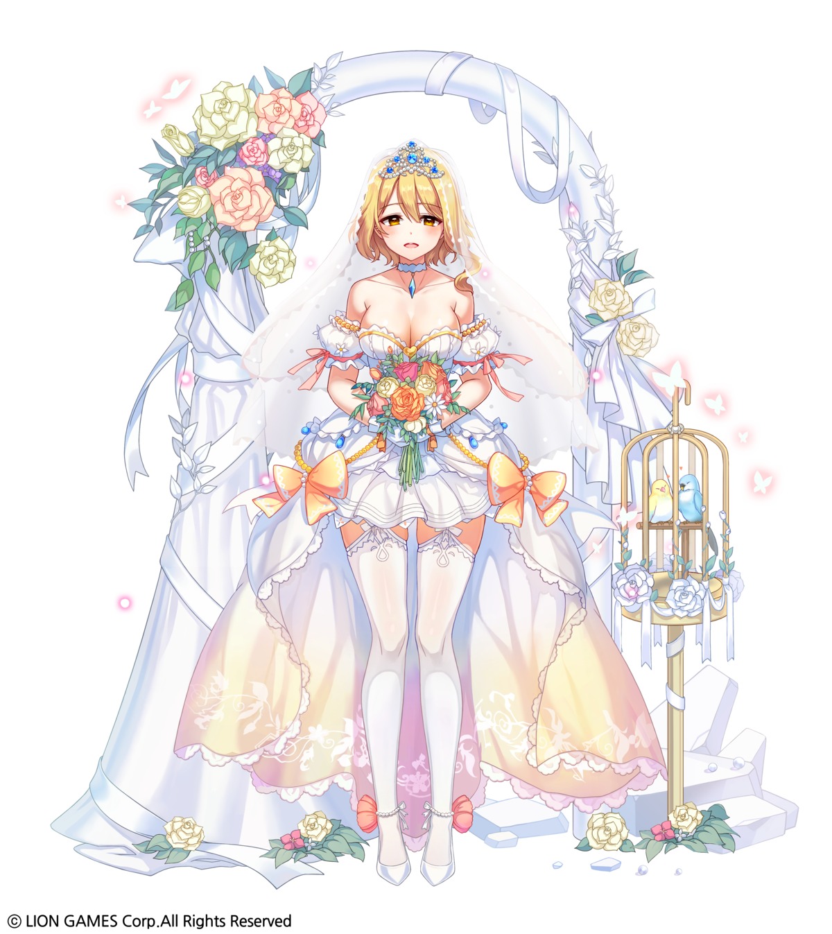 cleavage, dress, haru_estia, kyjsogom, no_bra, soul_worker, stockings, thighhighs