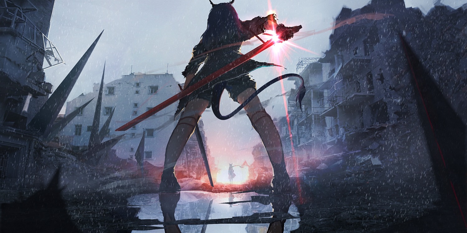 arknights, ch'en_(arknights), horns, landscape, lifeline_(a384079959), sword, tail
