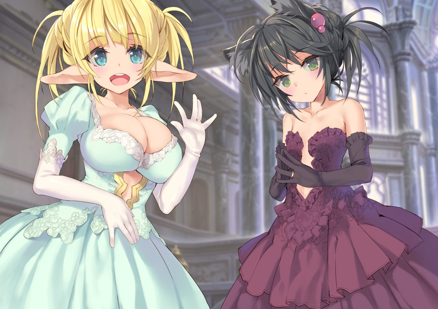 animal_ears, cleavage, dress, elf, isekai_maou_to_shoukan_shoujo_no_dorei_majutsu, nekomimi, no_bra, pointy_ears, rem_galleu, shera_l._greenwood, tsurusaki_takahiro