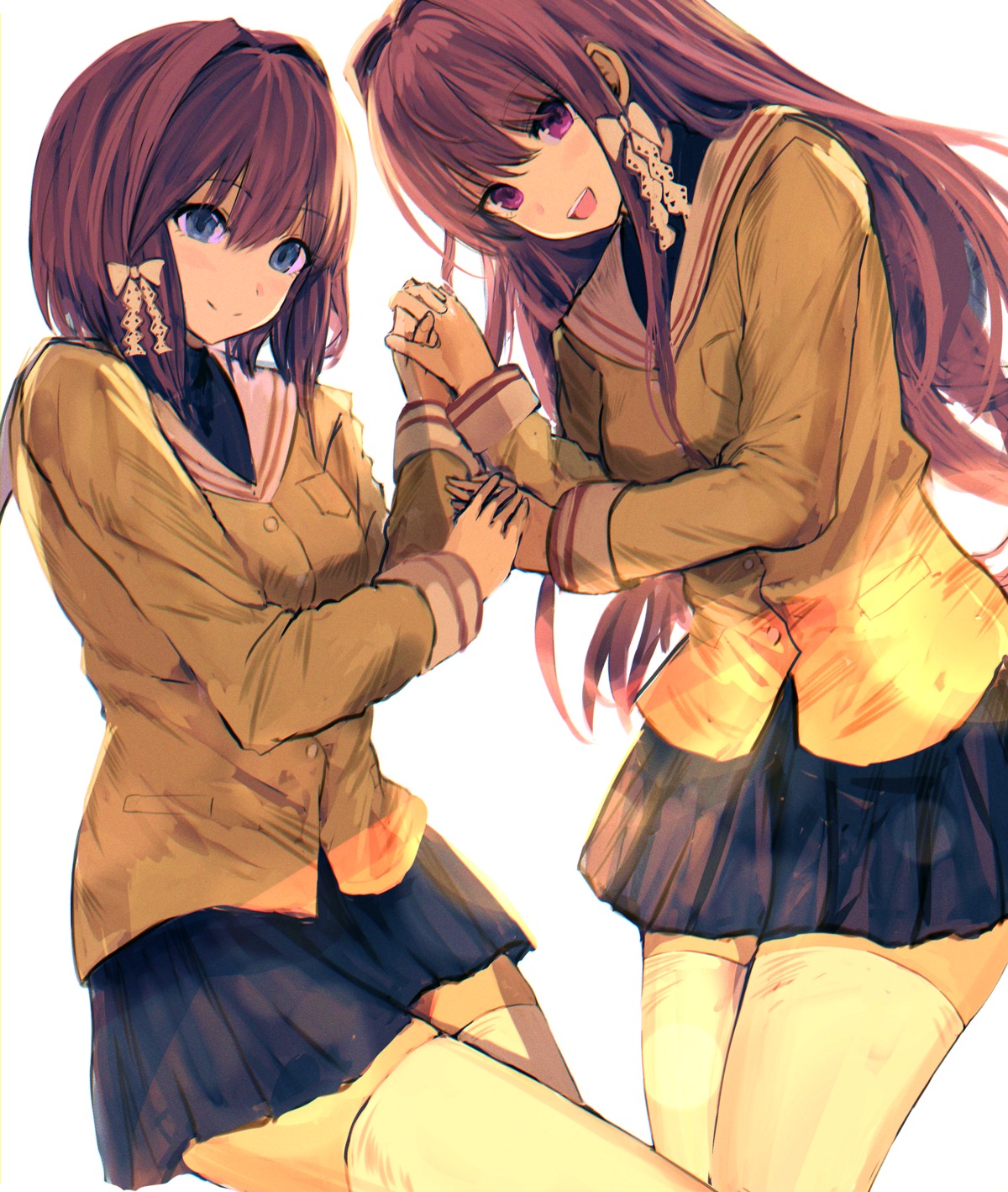 clannad, fujibayashi_kyou, fujibayashi_ryou, misaki_nonaka, seifuku, sweater, thighhighs