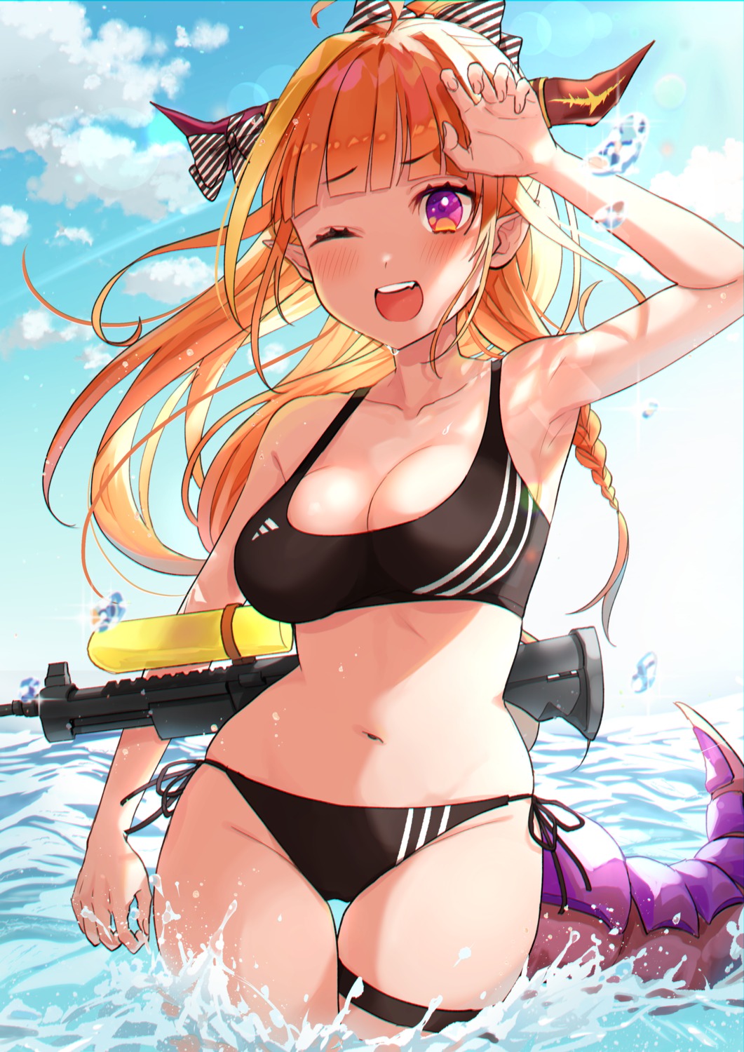 bikini, garter, gun, hololive, horns, kiryuu_coco, omaru_(0marufestival), swimsuits