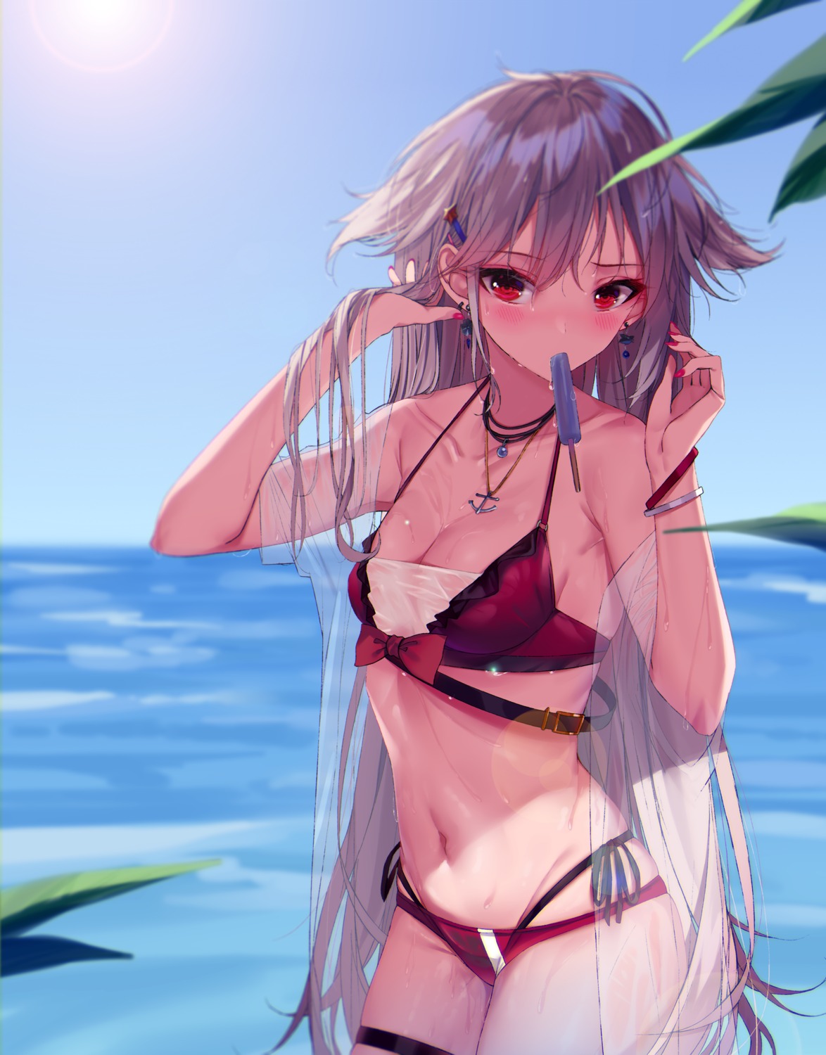azur_lane, bikini, garter, montpelier_(azur_lane), open_shirt, see_through, shokuyou_koori, swimsuits