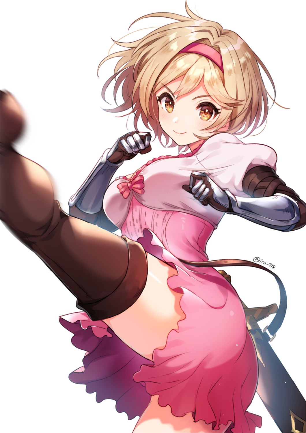 armor, ass, djeeta_(granblue_fantasy), dress, granblue_fantasy, skirt_lift, sword, thighhighs, tyyni