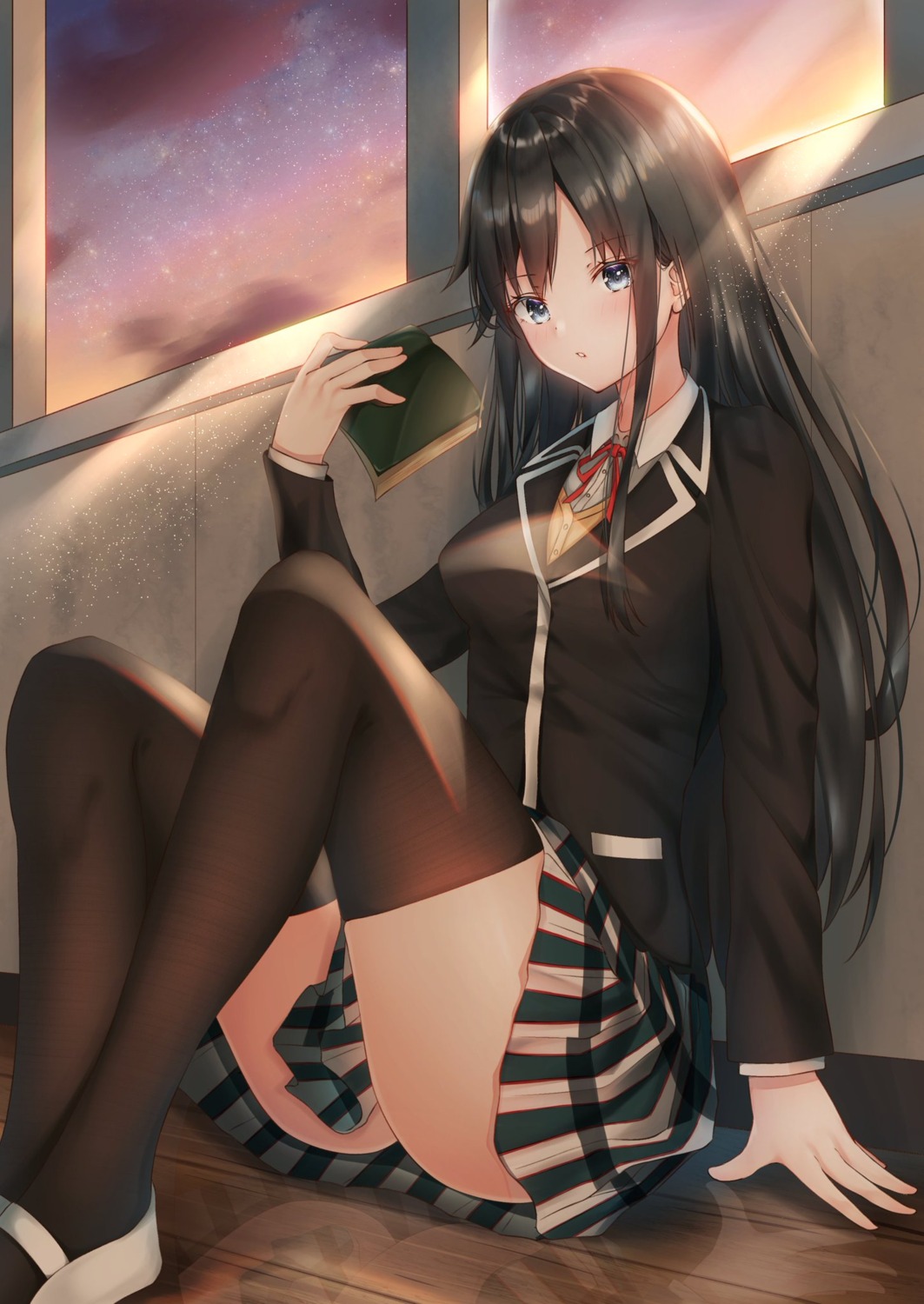 ayakura_maki, seifuku, skirt_lift, sweater, thighhighs, yahari_ore_no_seishun_lovecome_wa_machigatteiru., yukinoshita_yukino